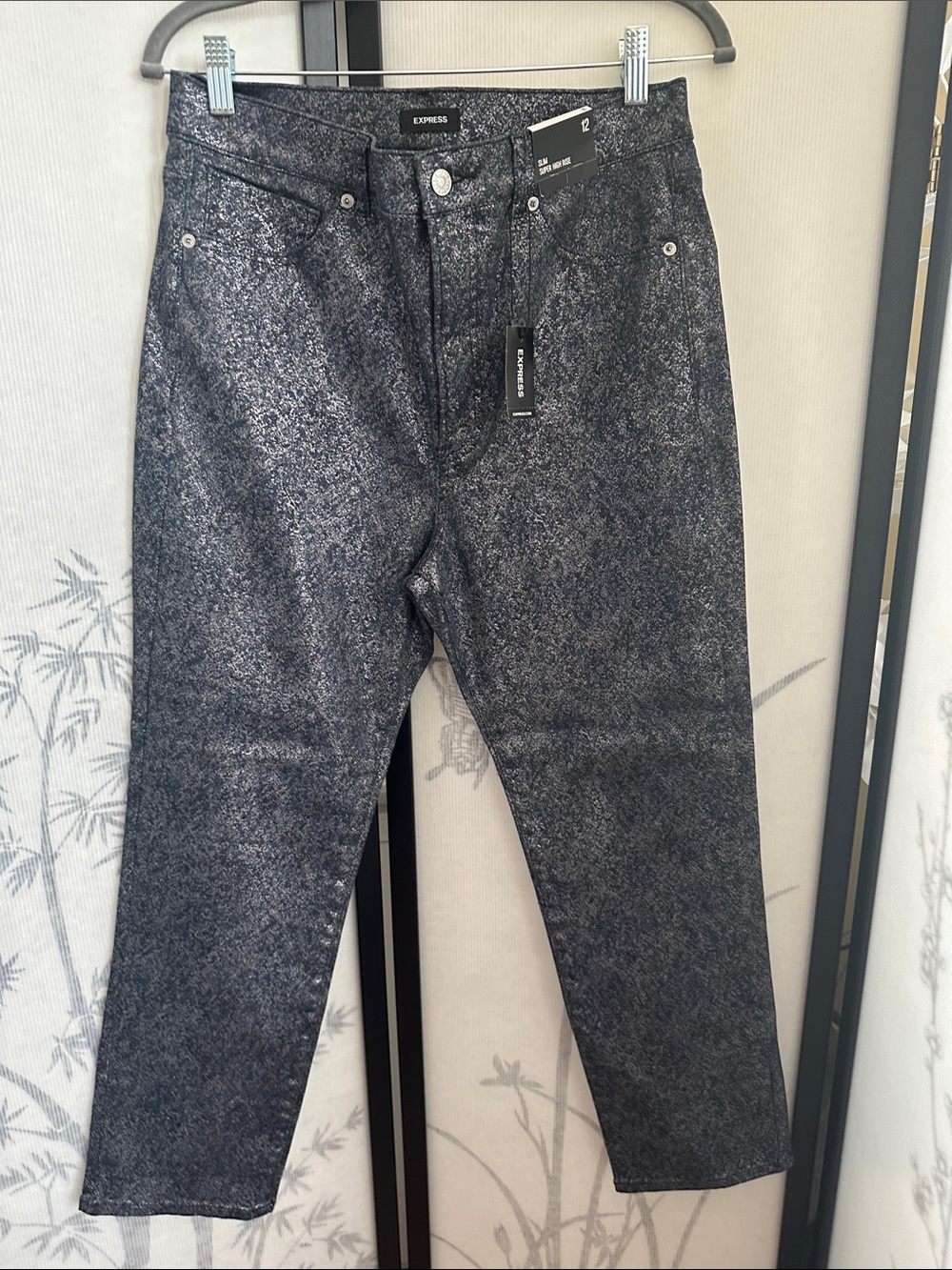 NWT Express Women's Metallic Charcoal Blue High-Rise Skinny Jeans w/Stretch